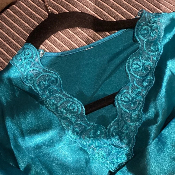 Vintage Teal Olga style lace trim long sleeve  night dress Sz M - Picture 13 of 16